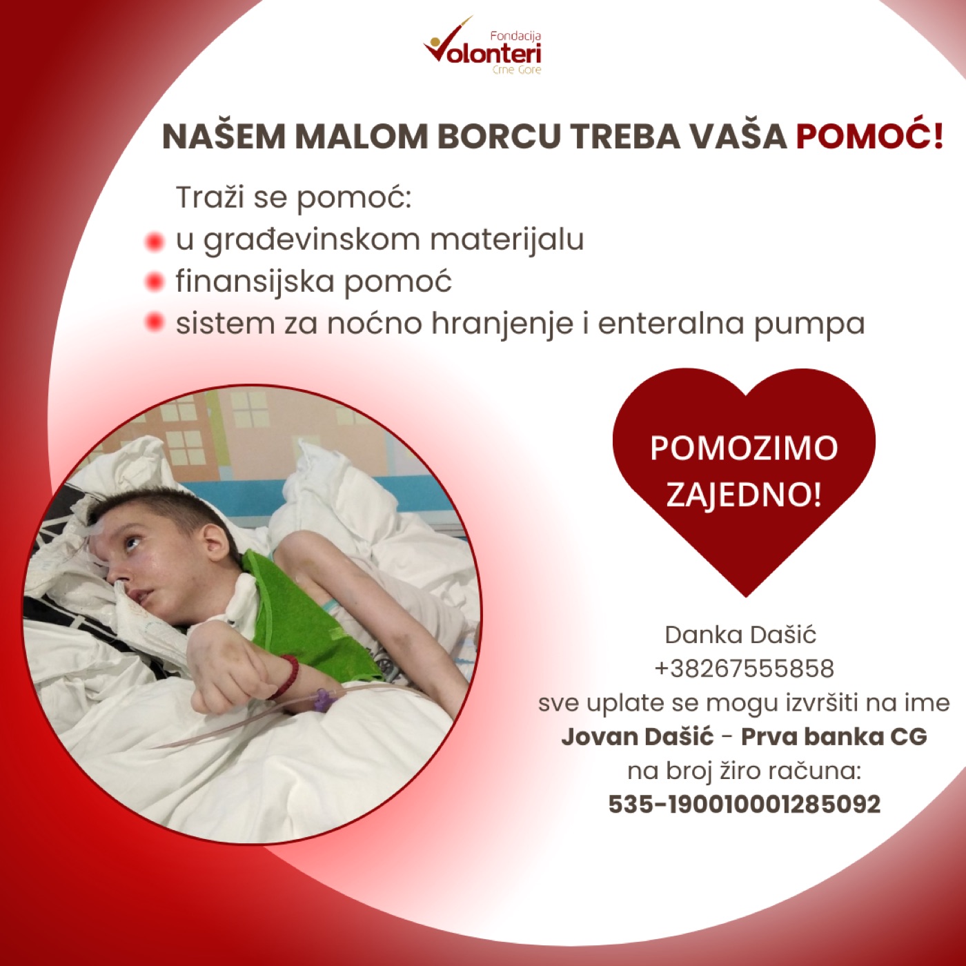 Fondacija Volonteri Crne Gore donirala novčana sredstva i kutije za prikupljanje pomoći dječaku Jovanu Dašiću
